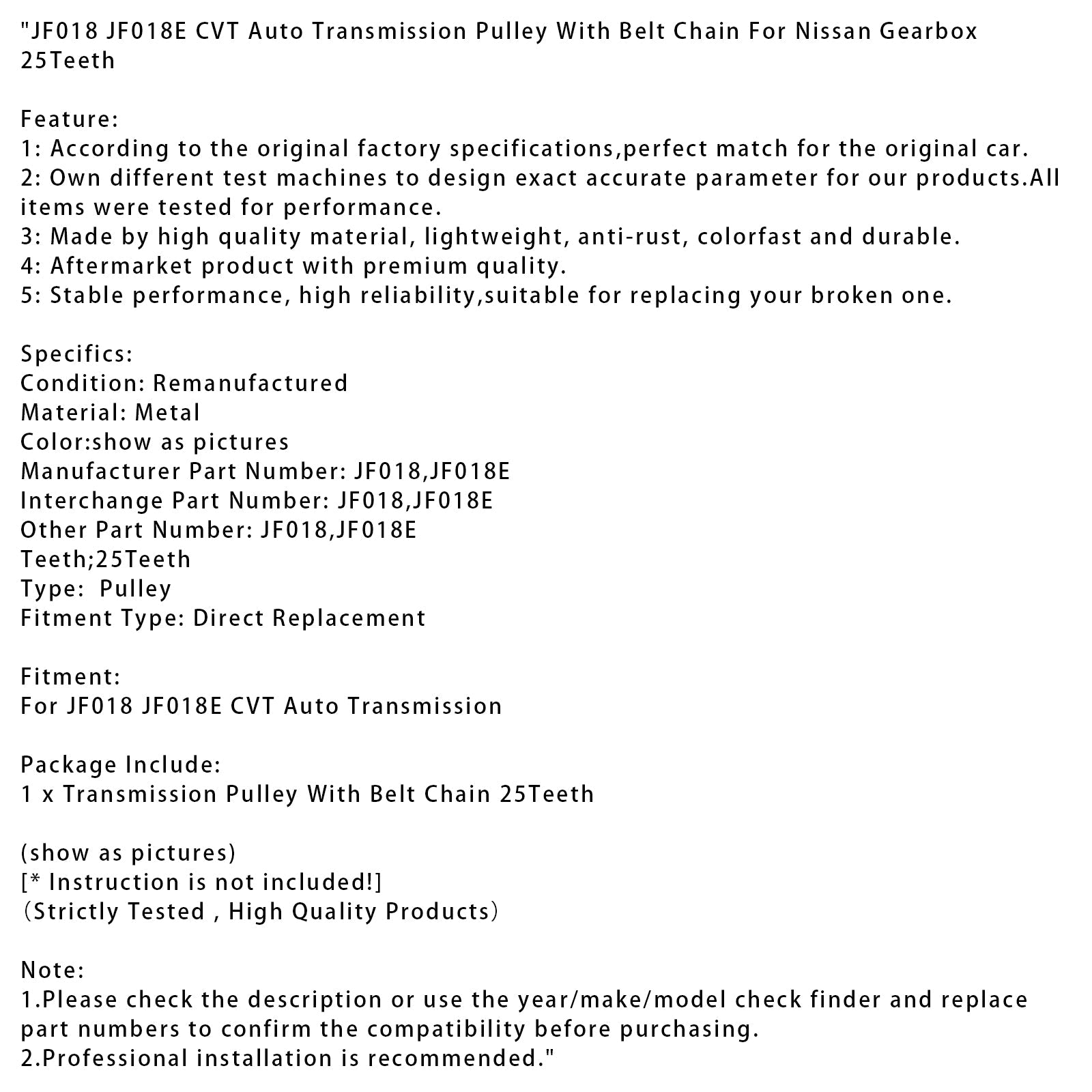 Poulie de transmission automatique CVT JF018 JF018E avec chaîne à courroie pour Nissan 25 dents