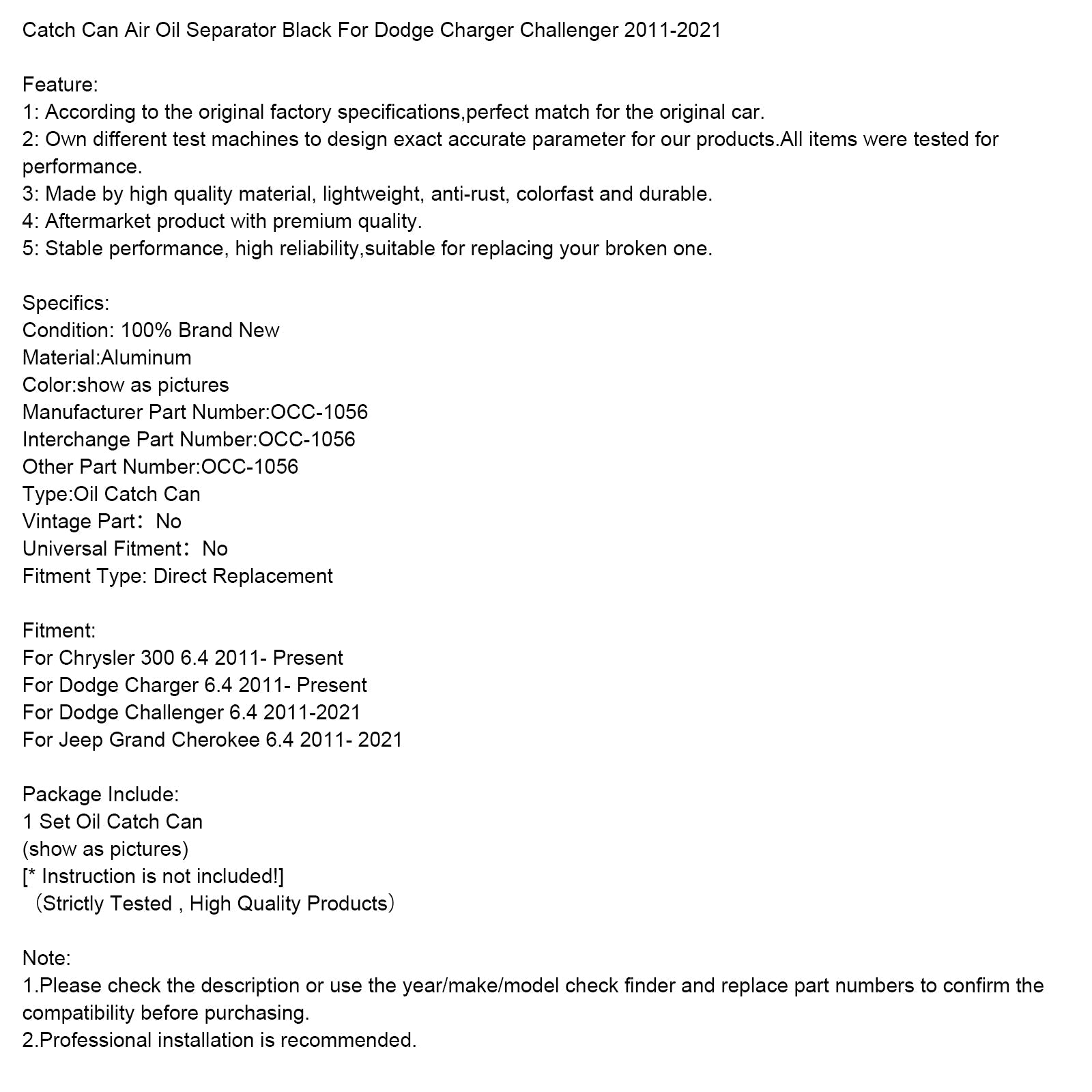 Punainen öljysäiliö/ilma/öljynerotin Dodge Charger Challengerille 2011-2021