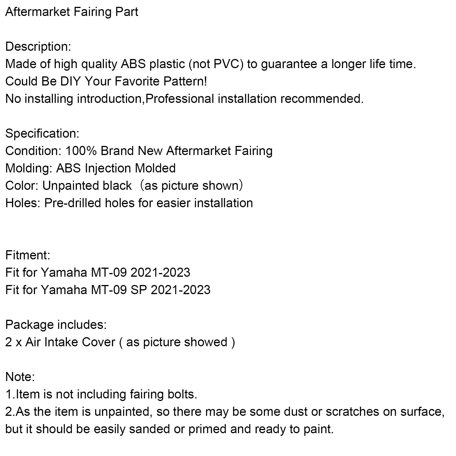 Panneaux latéraux de couvercle de ventilation d'admission d'air non peints adaptés à Yamaha MT-09 / MT-09 SP 2021-2023