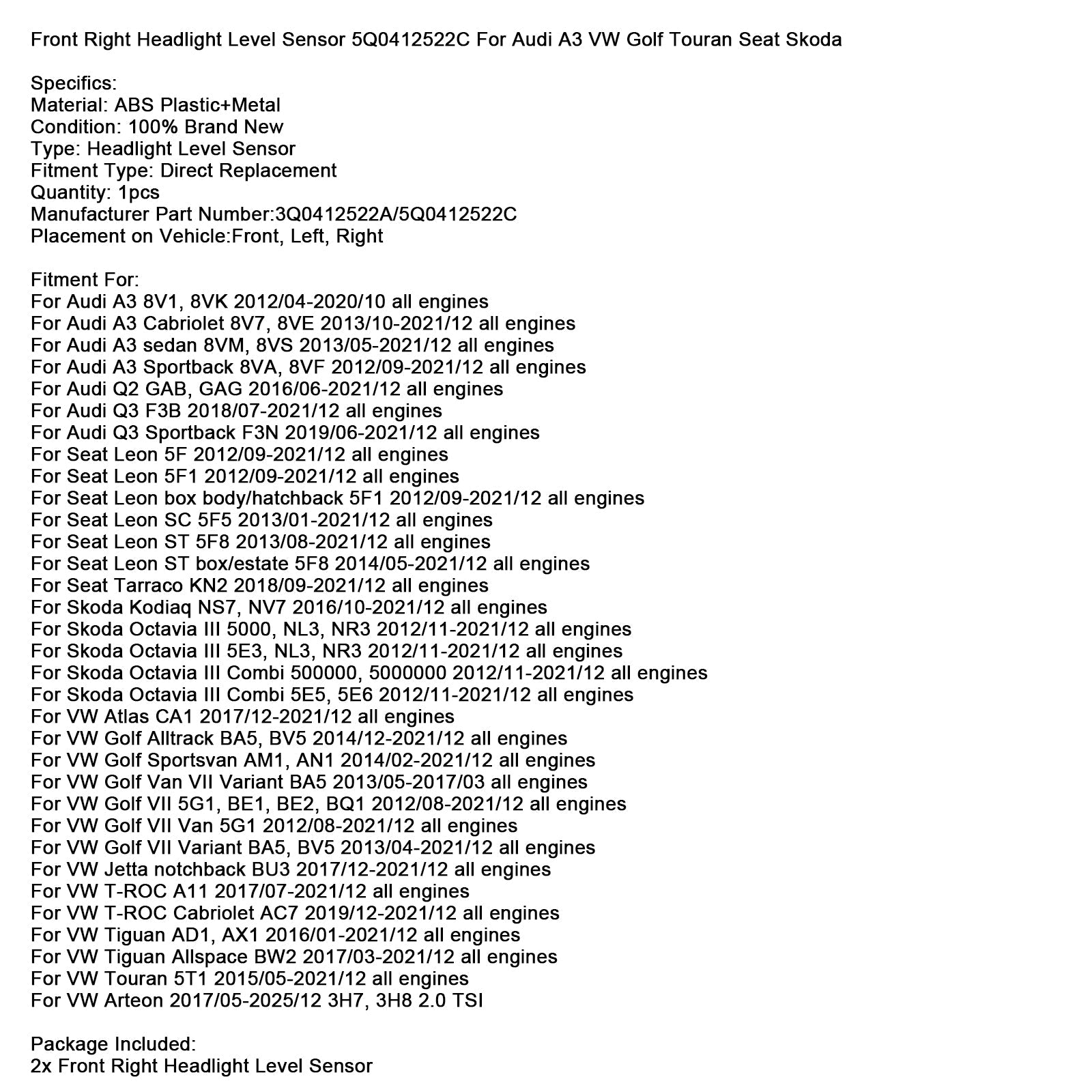 Označite raven ravni ravni 5Q0412522C za Audi A3, VW, Seat, Skoda