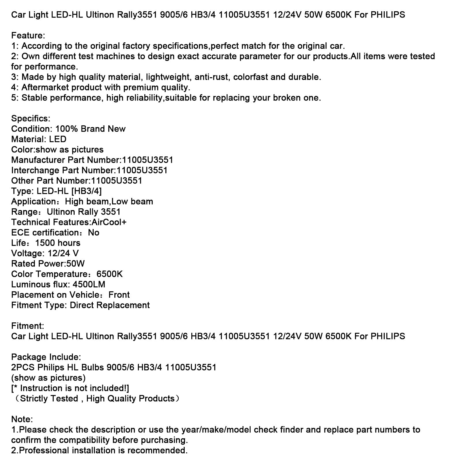 Phare de voiture LED-HL Ultinon Rally3551 9005/6 HB3/4 12/24 V 50 W 6 500 K pour PHILIPS