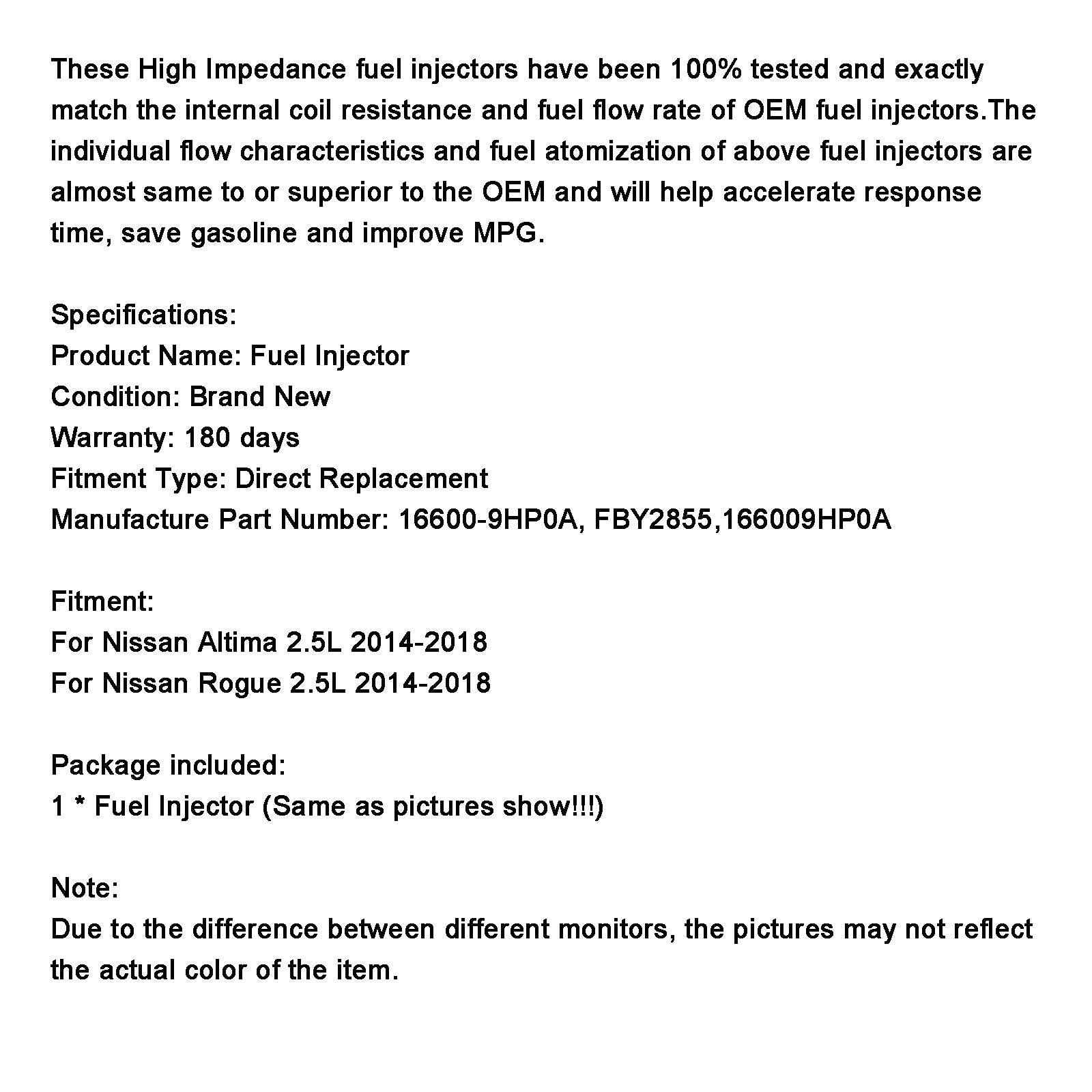 Injecteur de carburant 16600-9HP0A pour Nissan Altima 2015-2017 2,5 L I4 FBY2855