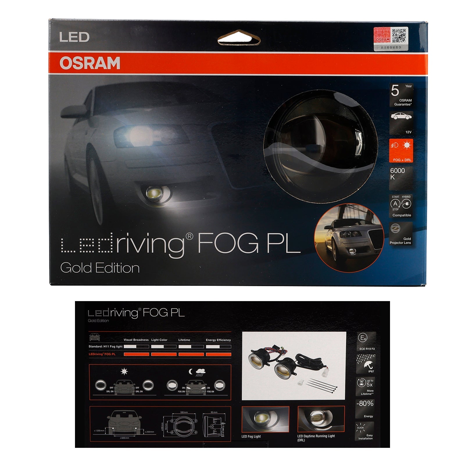 Ledriving Fog Drl Gold Edition 90 mm 6 000 K Lighthouse per Osram