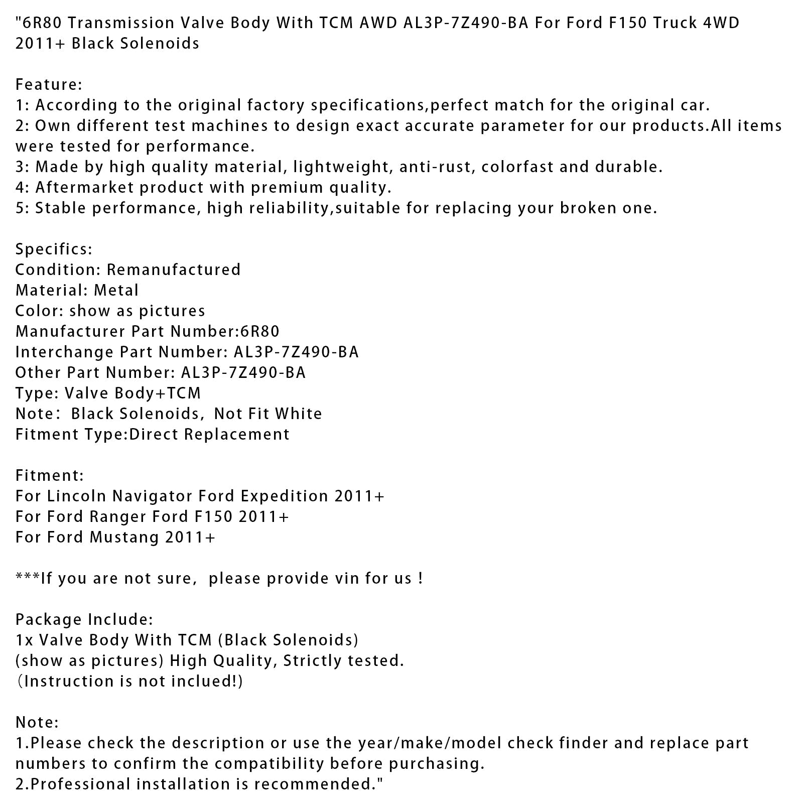 Corps de soupape de transmission Ford Ranger F150 6R80 2011+ avec TCM AWD AL3P-7Z490-BA