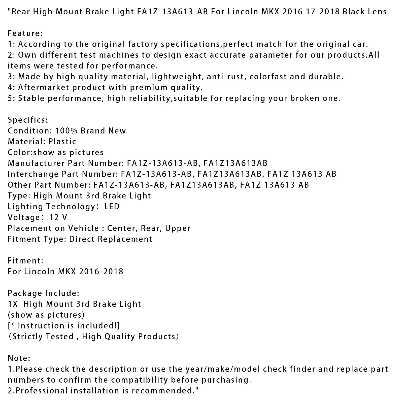 Wychowane tylne światło stopu dla Lincoln MKX 2016-2018 FA1Z-13A613-AB, czarny obiektyw