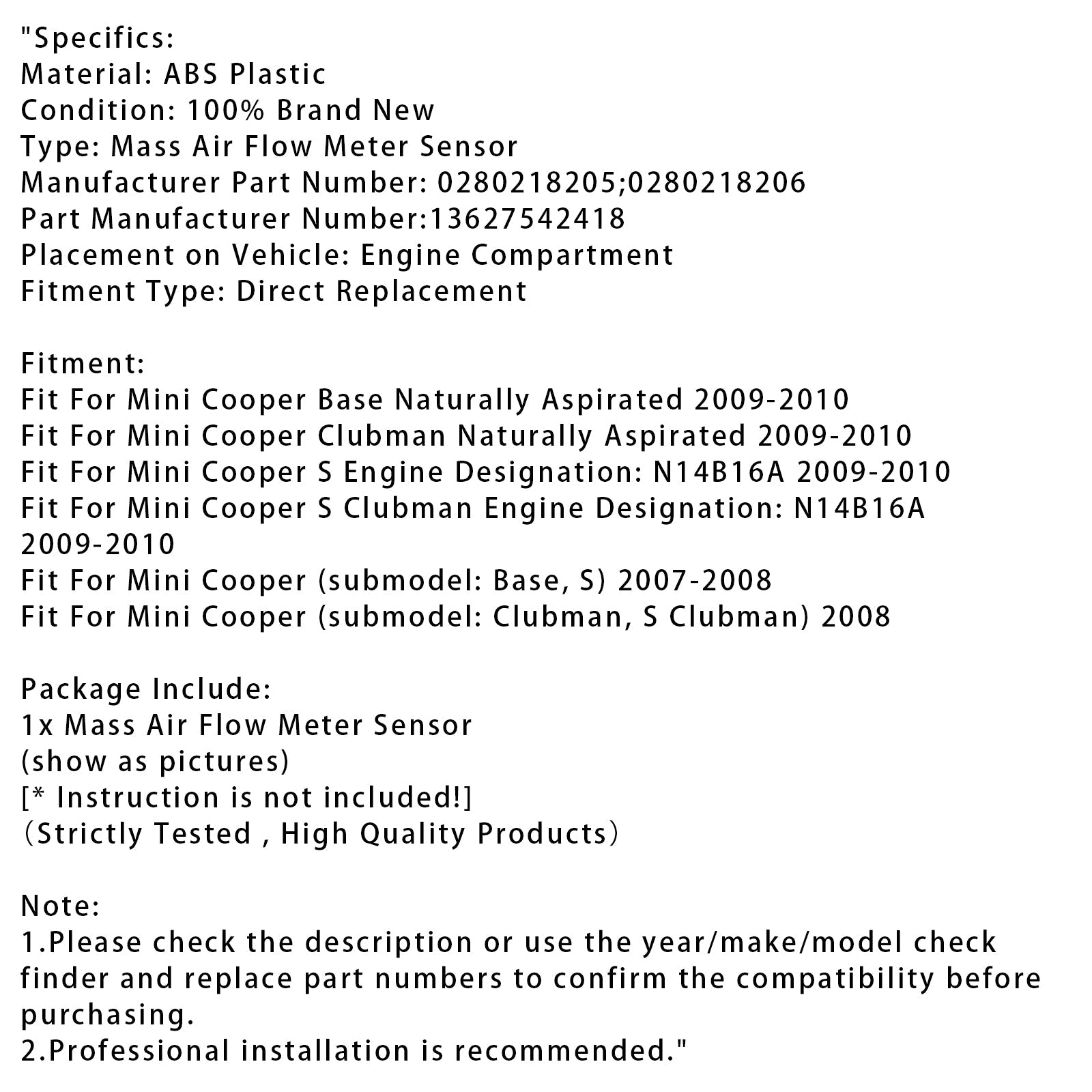 Senzor merilnika pretoka d'Zračna masa za Mini Cooper 2007-2010 1.6L 0280218205
