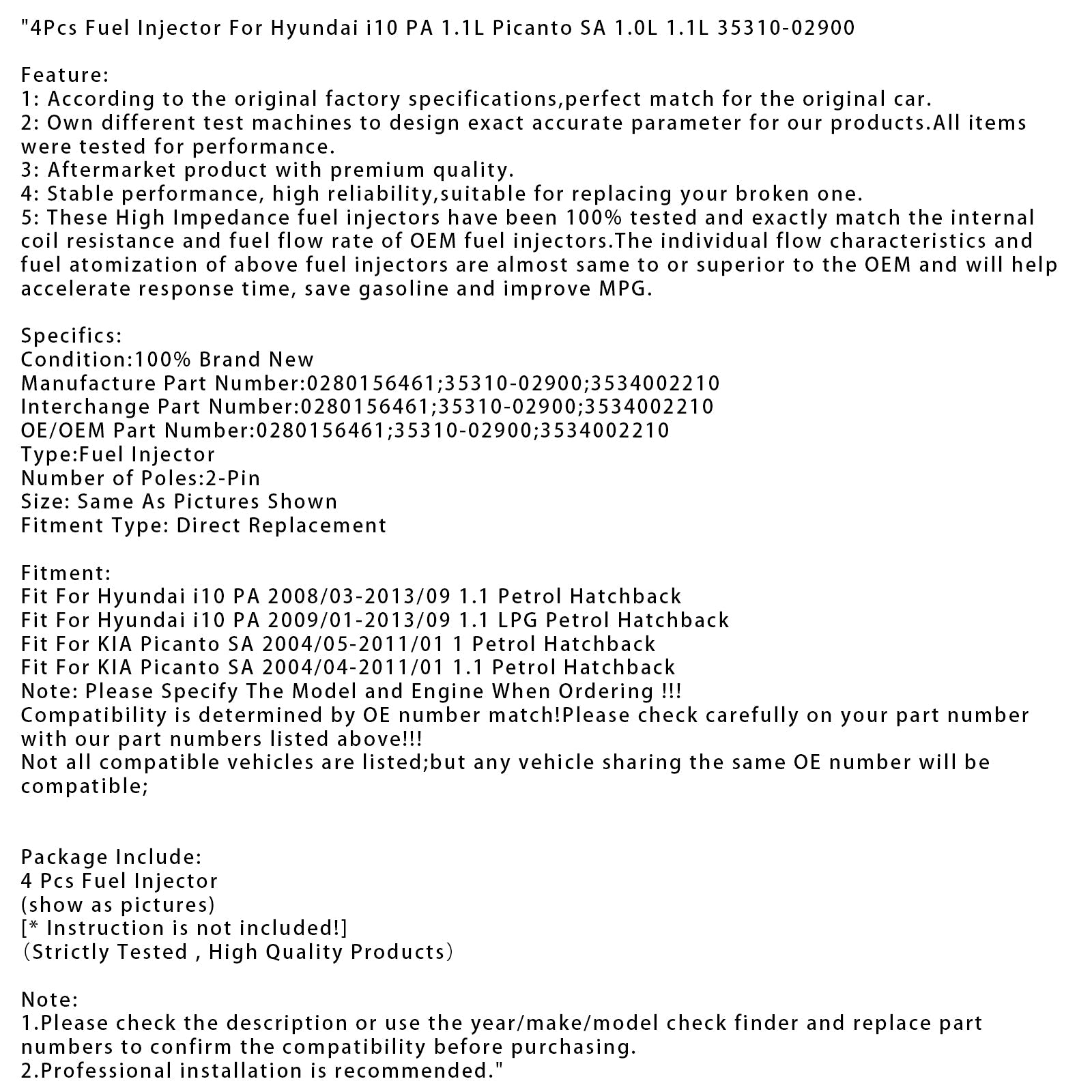 4 szt. Wtryskiwacz paliwa dla Hyundai i10 PA 1.1L Picanto SA 1.0L 1.1L 35310-02900