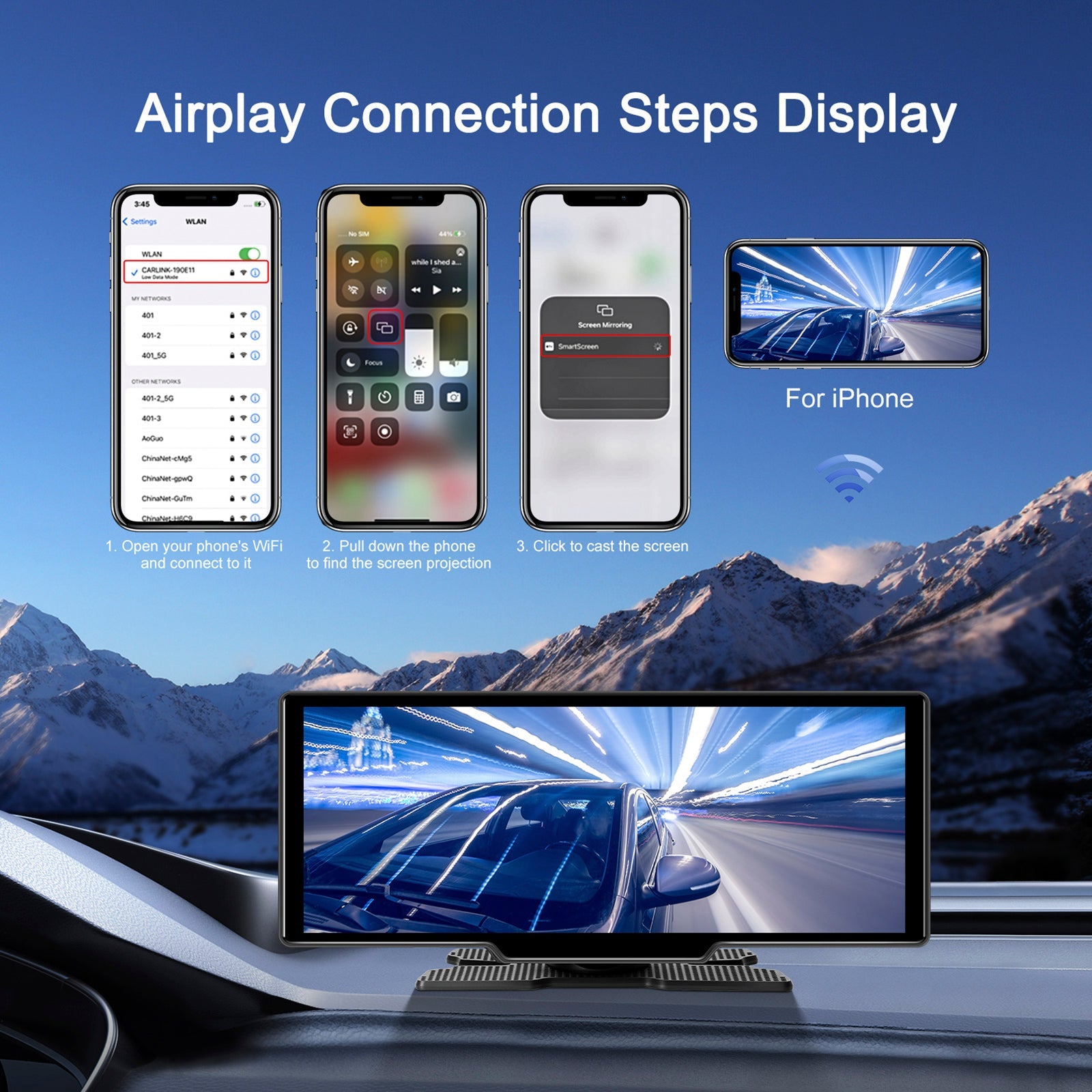 Autoradio portable Bluetooth 10,26"" avec navigation sans fil et compatible CarPlay, caméra AHD
