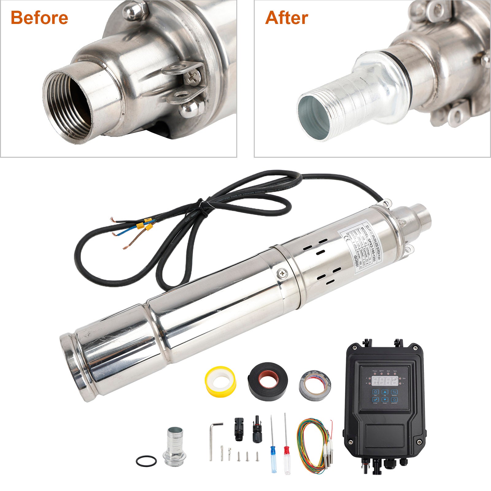 72 V 1,2 kW upotettava aurinkopumppu syvään kaivoon, joka pystyy nostamaan jopa 180 metrin korkeuden