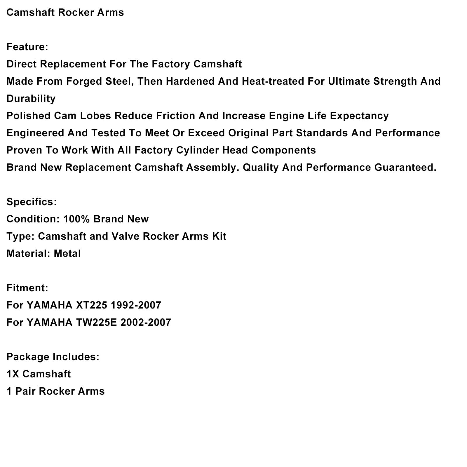 Nihalne ročice'Odmična gred združljiva z YAMAHA XT225 1992-2007 in TW225E 2002–2007