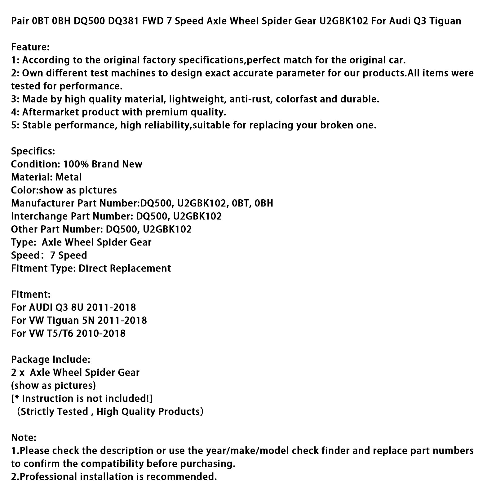 Par de piñones del eje delantero de 7 velocidades para VW Tiguan 5N 2011-2018 0BT 0BH DQ500 DQ381 U2GBK102