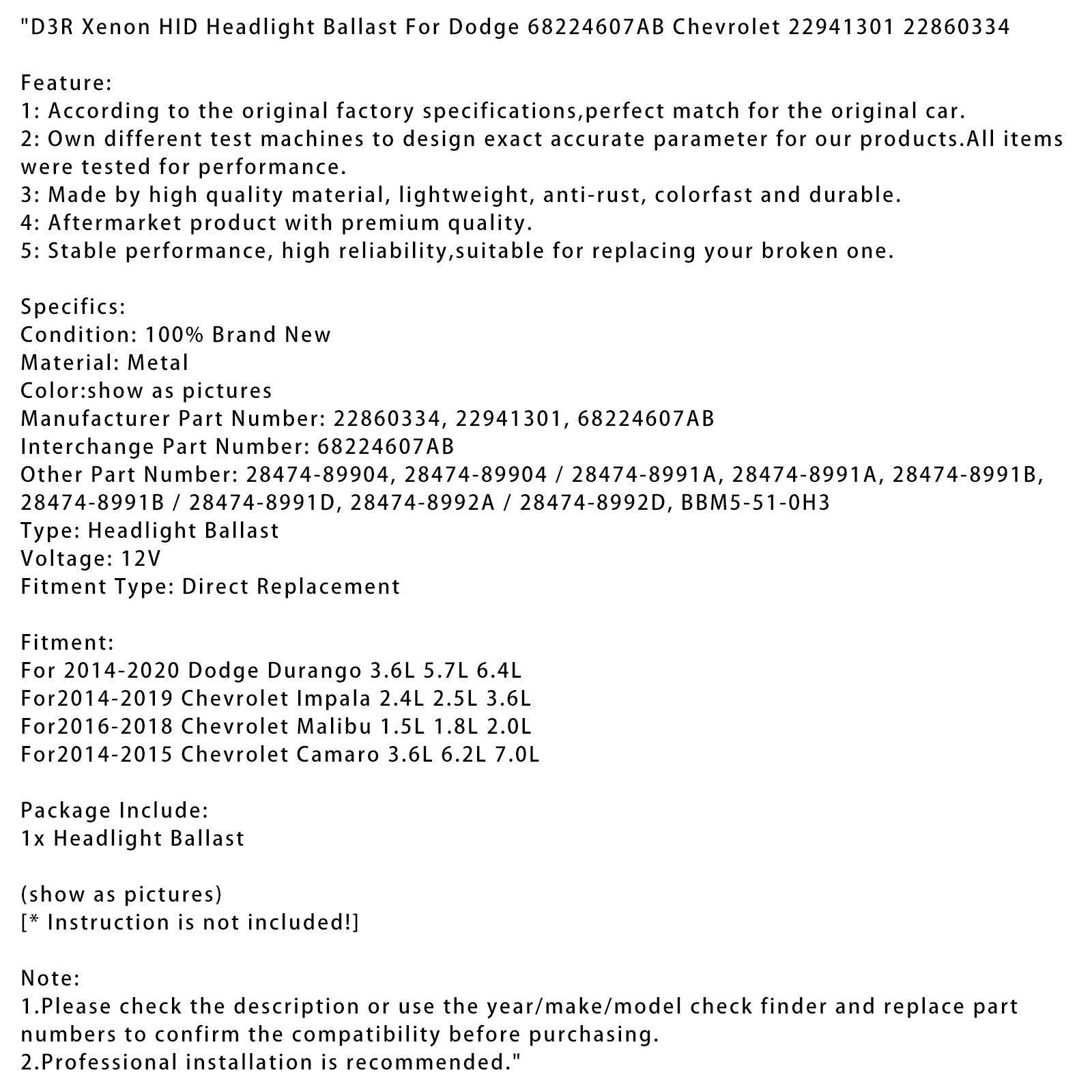 HID Xenon -ajovalojen painolasti Dodge Durango 3,6L 5,7L 6,4L D3R 2014-2020 68224607AB 22941301 22860334