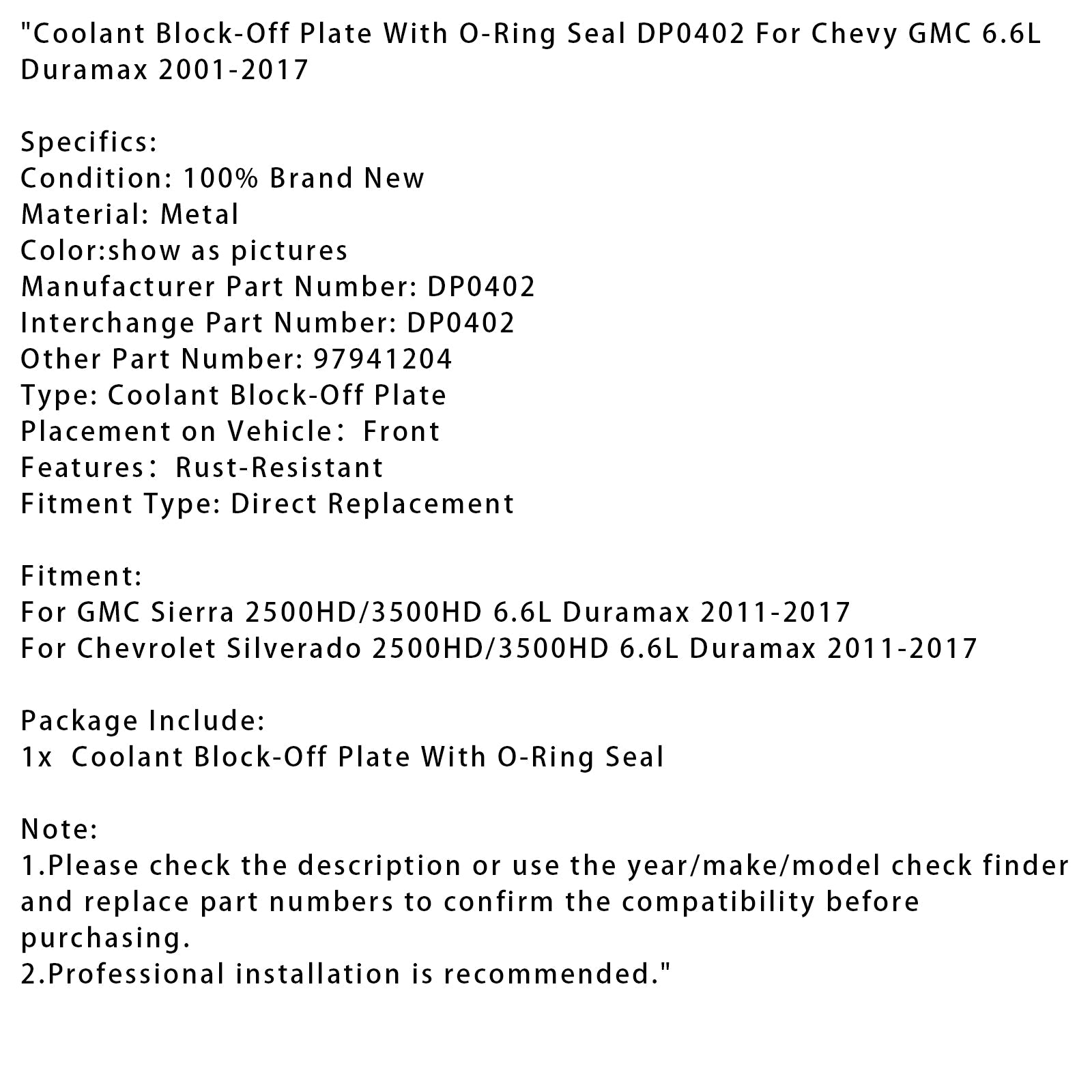 Piatta di blocco del liquido di raffreddamento con guarnizione torica DP0402 per Chevy GMC 6.6L Duramax 2001-2017
