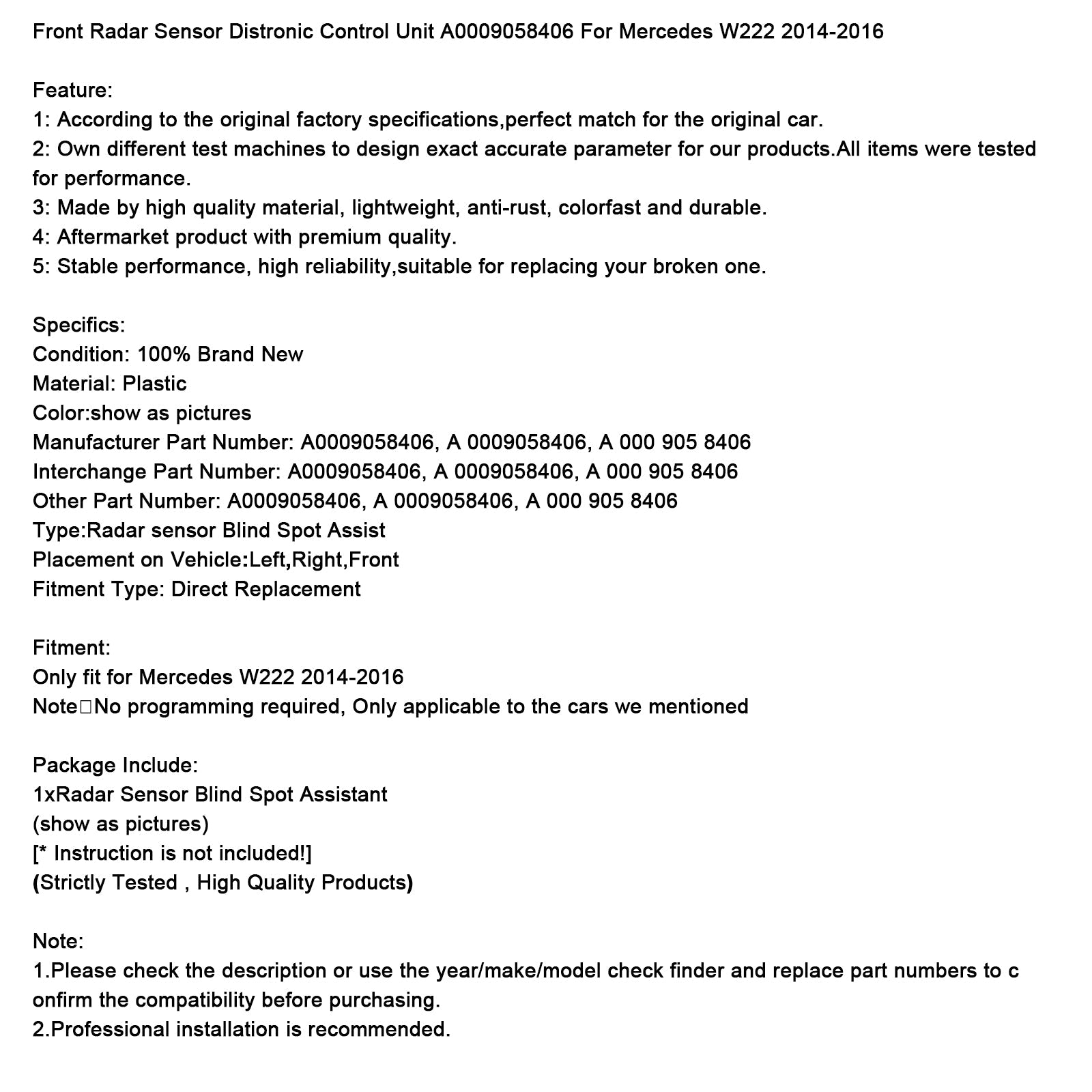 Mercedes frontradarsensor W222 2014-2016 A0009058406