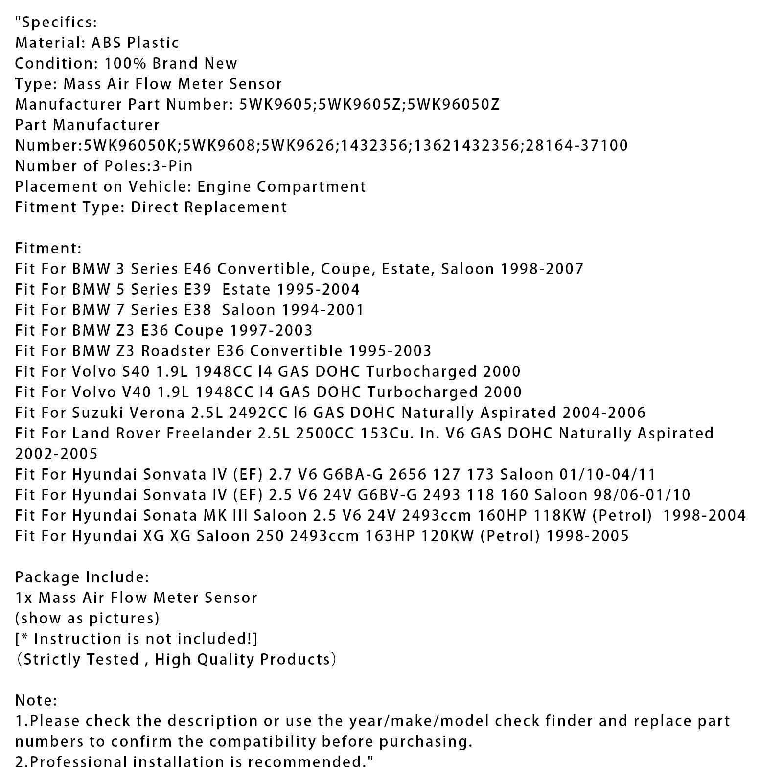 Senzor merilnika pretoka d'Zračna masa za BMW serije 3 in 5 E46 E39 E36 Z3 1999-2006 5WK9605
