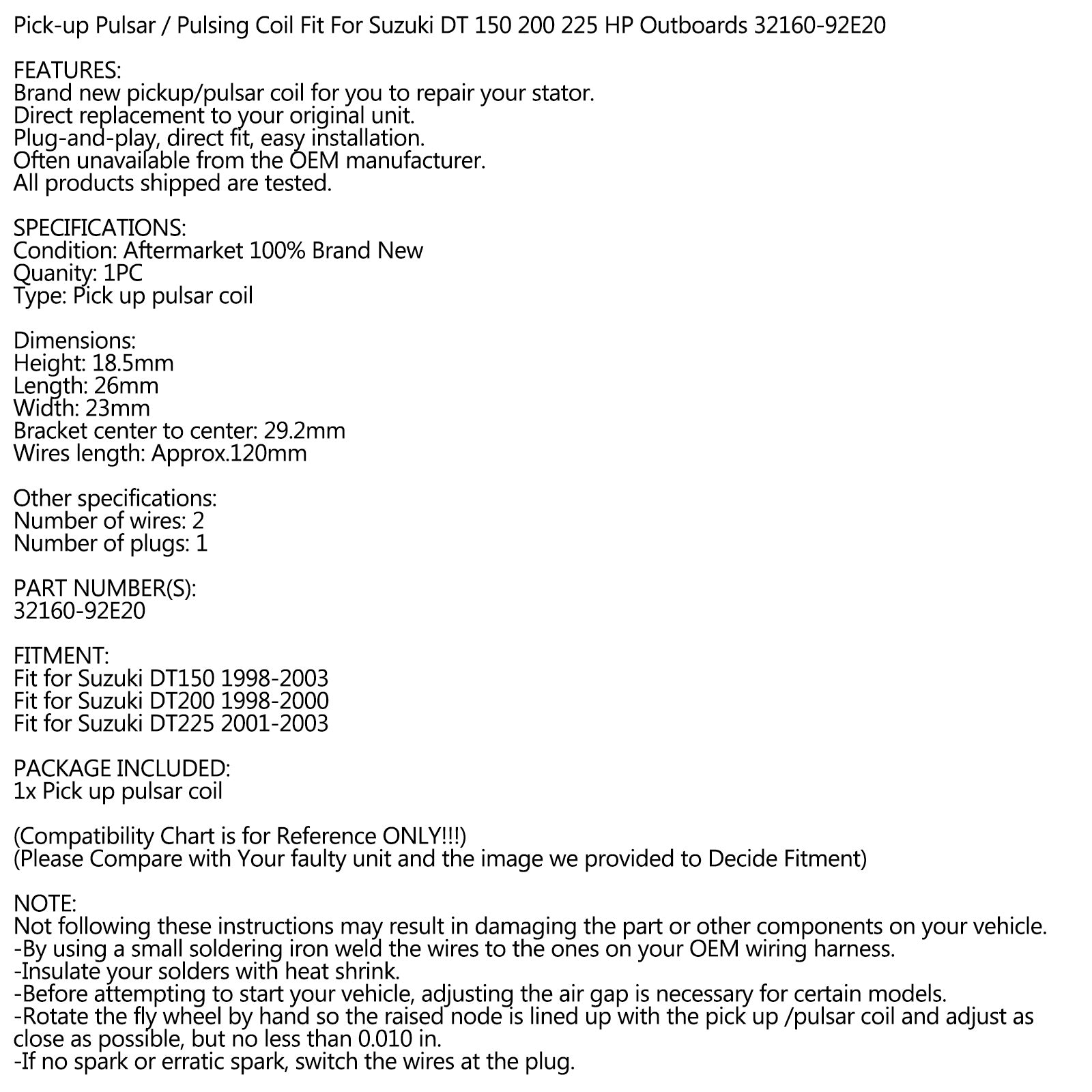 Pickup Puls Dynamo voor Suzuki DT 150 200 225 Hp 1998-2003 32160-92E20