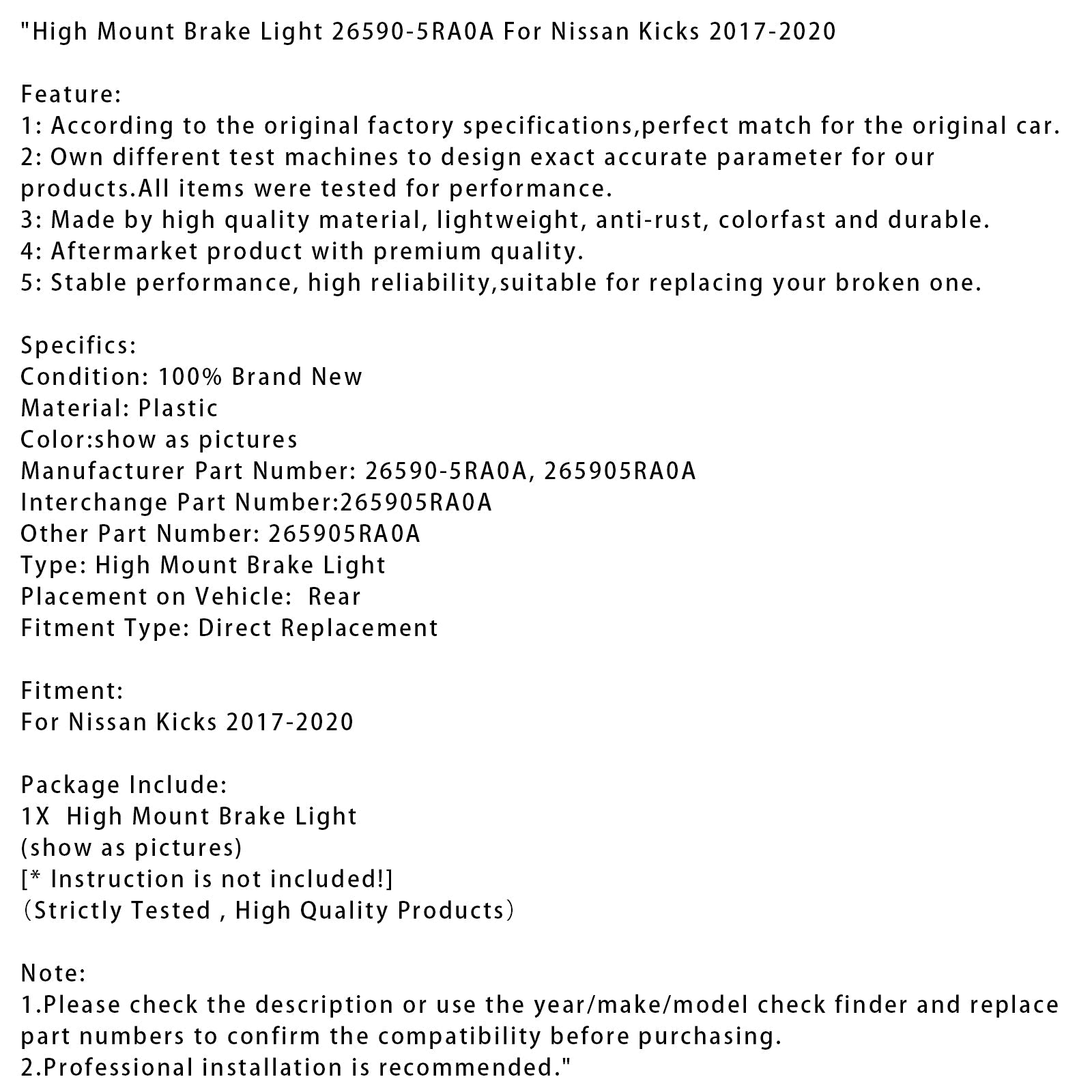 Feu stop surélevé pour Nissan Kicks 2017-2020 26590-5RA0A