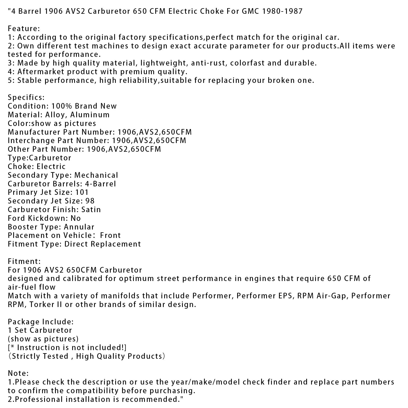 1980-1987 GMC 4 corps 1906 AVS2 Carburateur 650 CFM Starter électrique