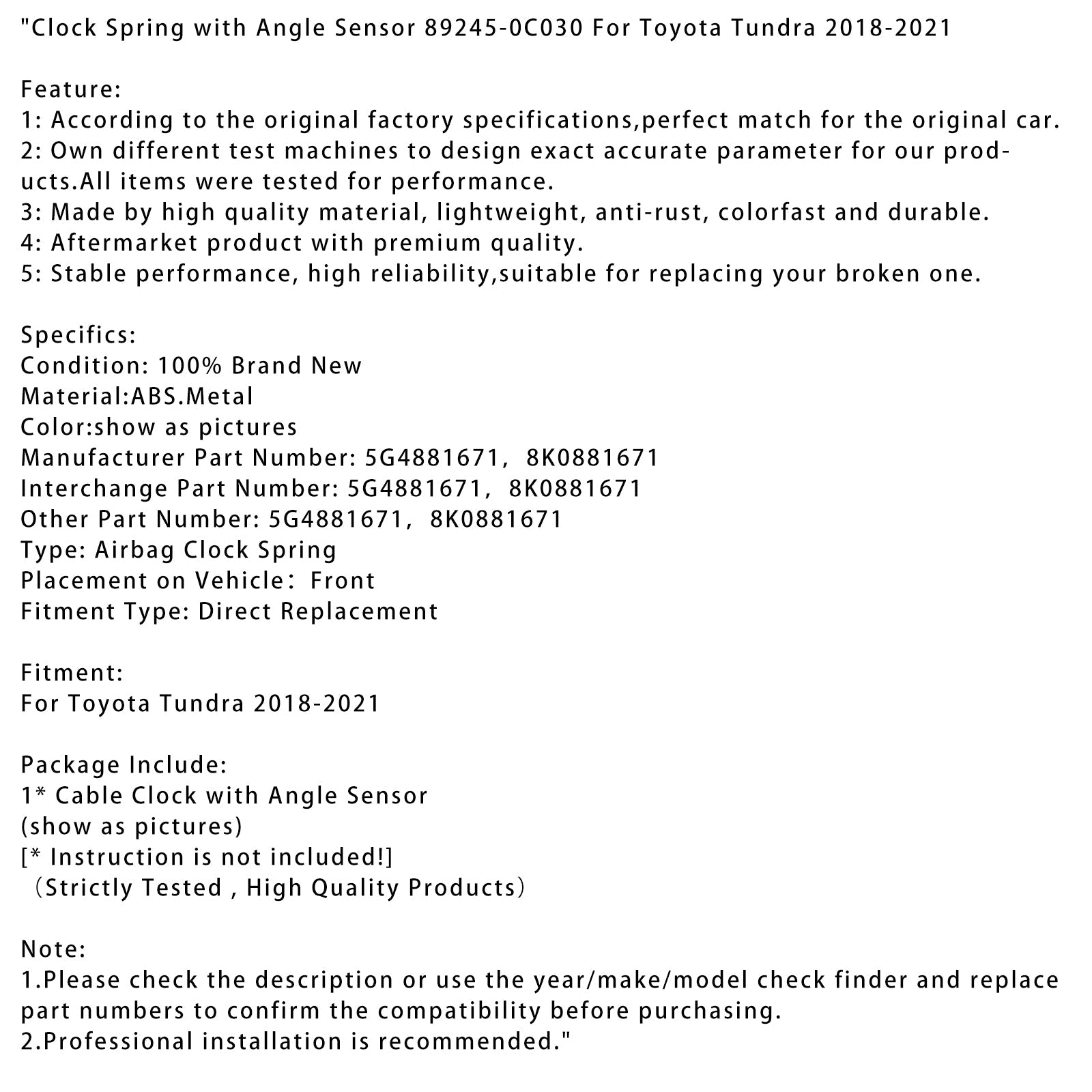 Klokveer met hoeksensor voor Toyota Tundra 2018-2021 89245-0C030 5G4881671 8K0881671