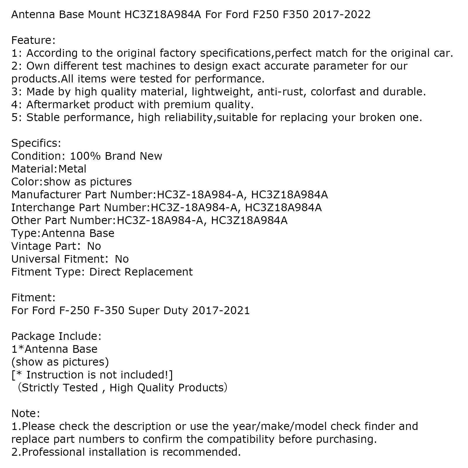 Support de base d'antenne pour Ford F250 F350 (2017-2022) HC3Z18A984A