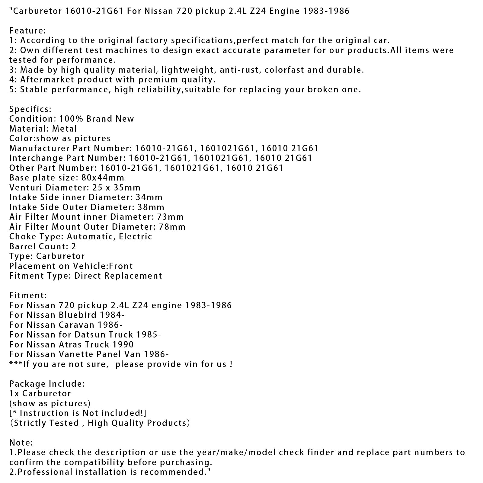 Nissan Bluebird Carburateur 1984-heden'vandaag 16010-21G61