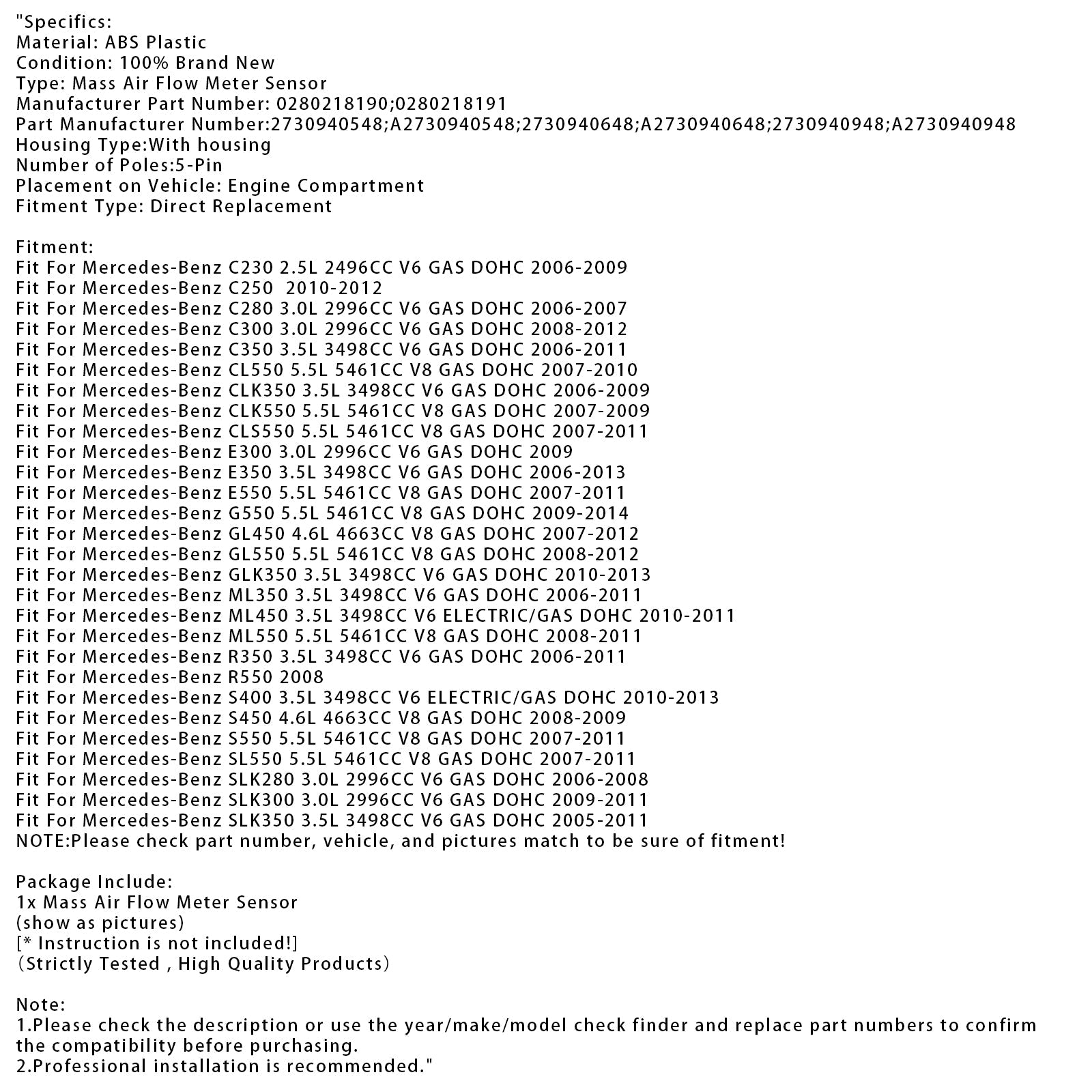 Senzor merilnika pretoka d'zračna masa za Mercedes-Benz E350 C300 ML350 0280218190