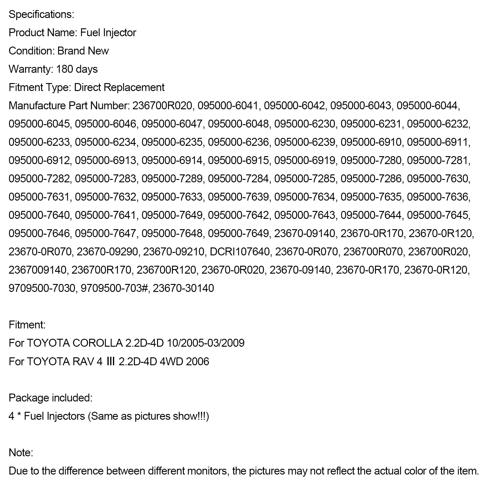 4 szt. Wtryskiwacze paliwa 23670-0R020 dla Toyota Corolla RAV4 095000-6040