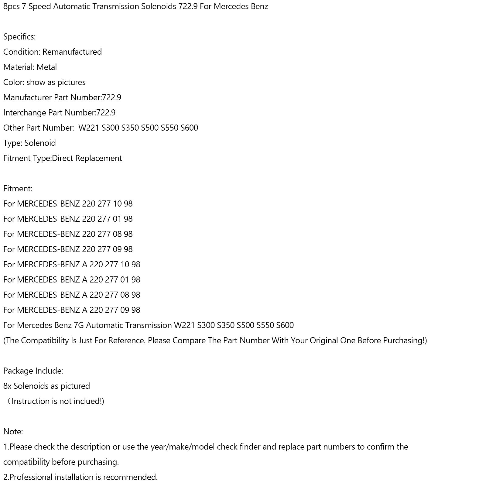Solenoidi di trasmissione automatica di 8pcs 7 velocità 722,9 per Mercedes Benz FedEx Express