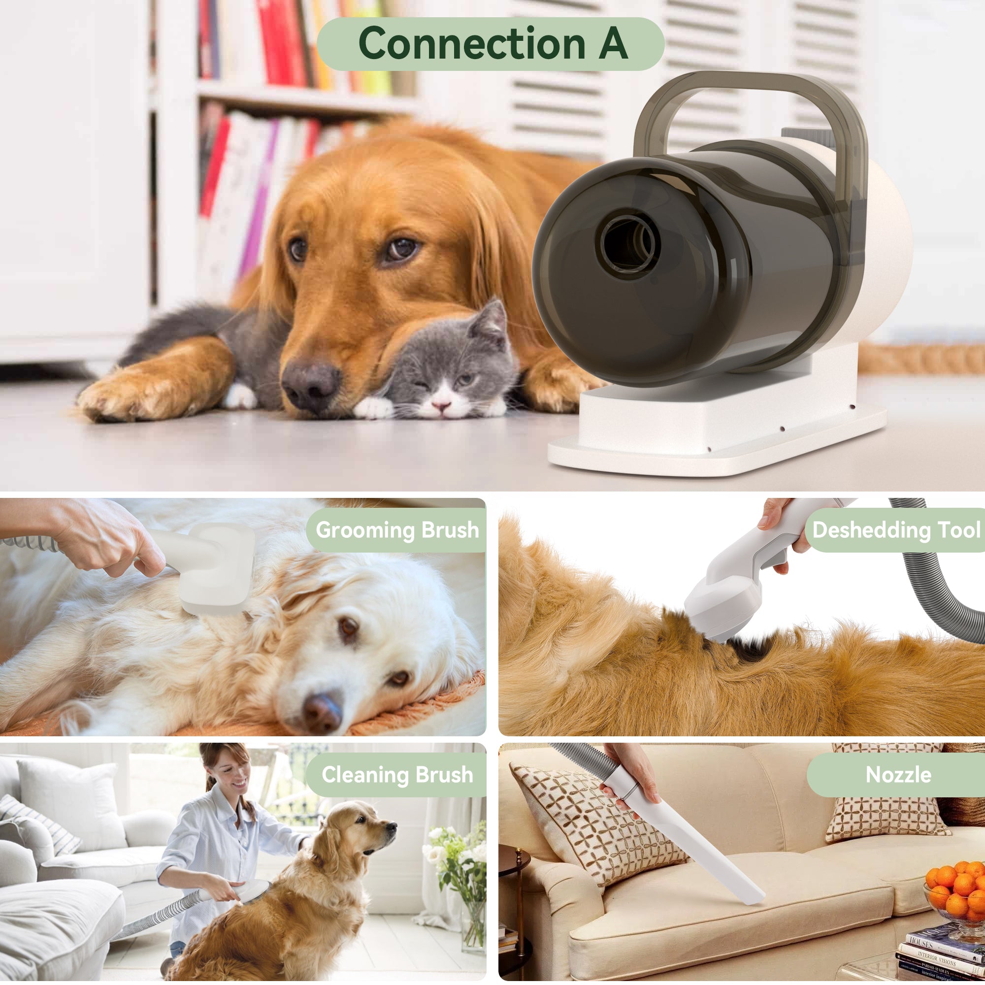 Zestaw do pielęgnacji 5 w 1 ze zintegrowanym odkurzaczem - Maszynka do strzyżenia zapobiegająca kłaczeniu i szczotką z przyssawką dla psów i kotów - Zbiornik 1,5 l