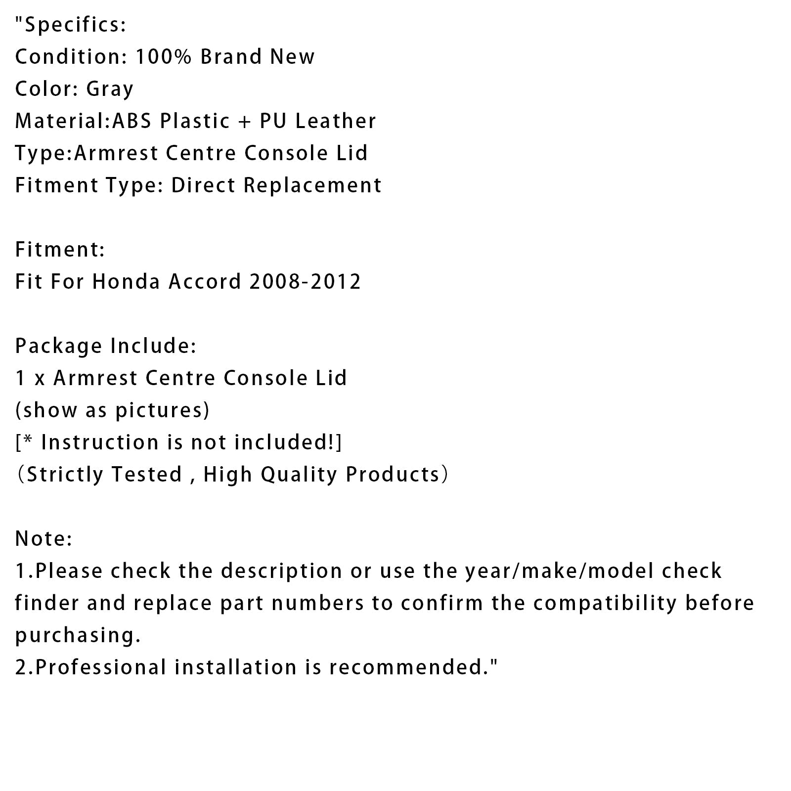 Couvercle de console centrale d'accoudoir en cuir gris pour Honda Accord 2008-2012