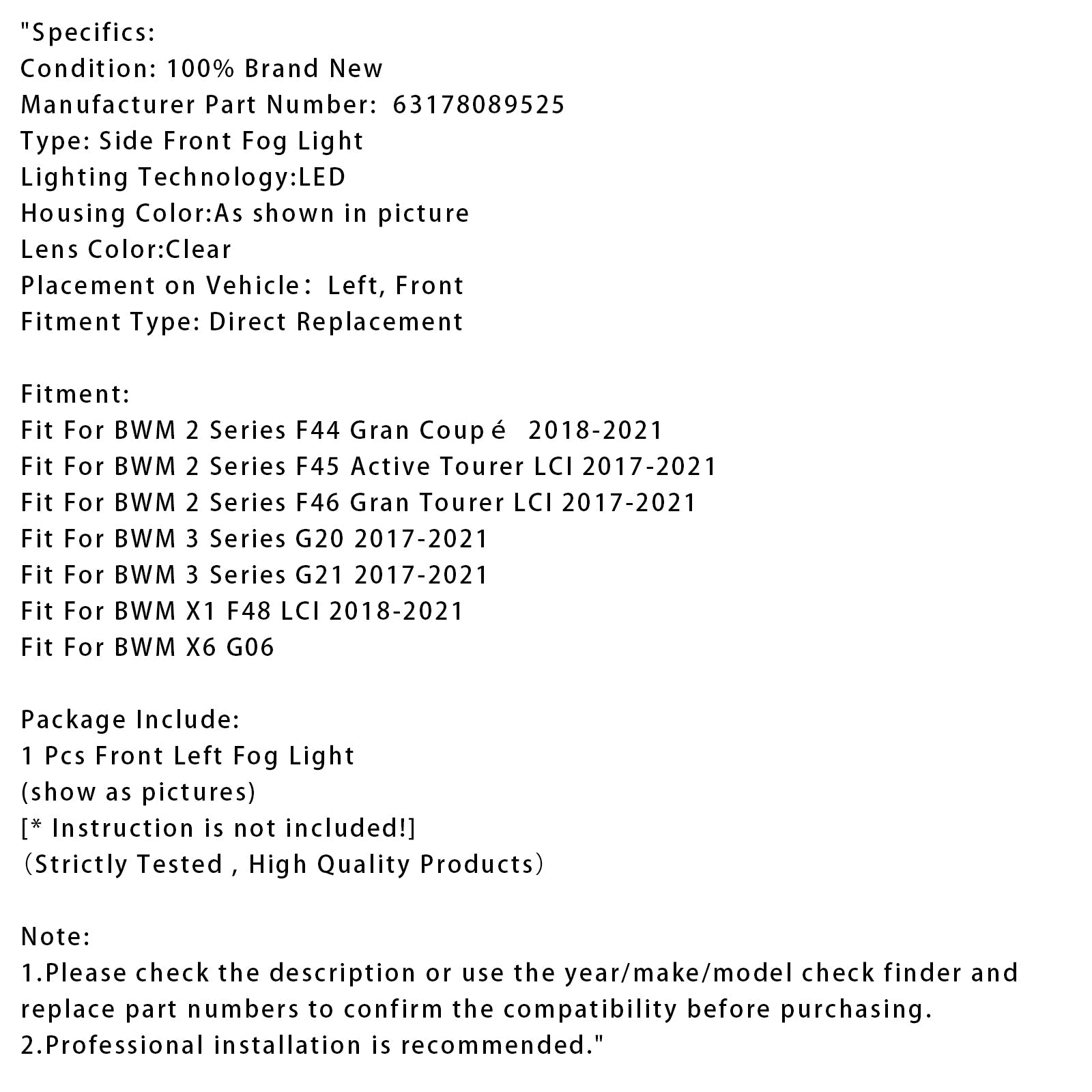 1 feu antibrouillard avant gauche à LED pour BMW G20 G21 X1 F48 LCI F45 F46 63178089525