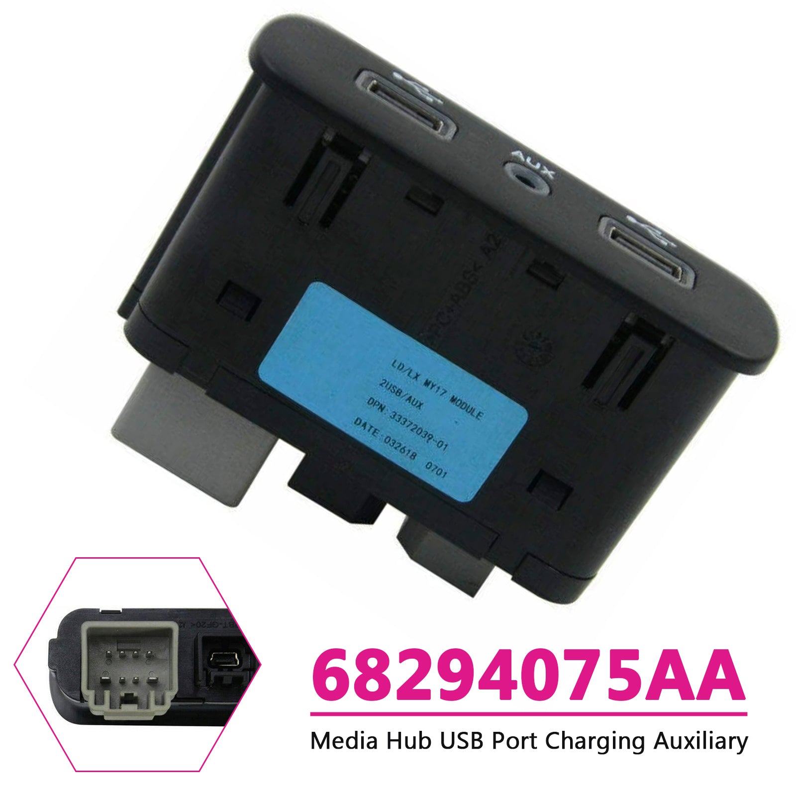Porta di ricarica USB ausiliaria per Chrysler Dodge Multimedia Hub 2017-2023 68294075AA