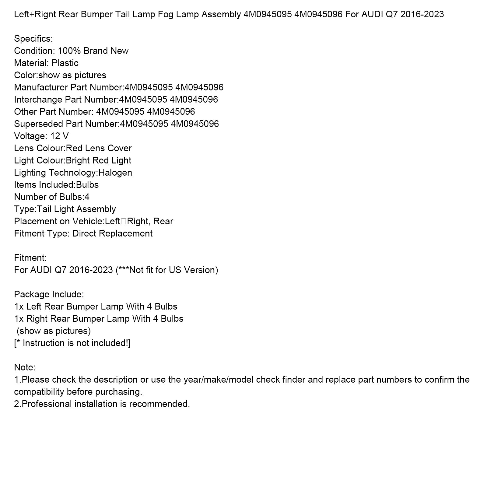 Ensemble de feux antibrouillard pour pare-chocs arrière, 4M0945095 96, pour AUDI Q7 2016 – 2023 L + R