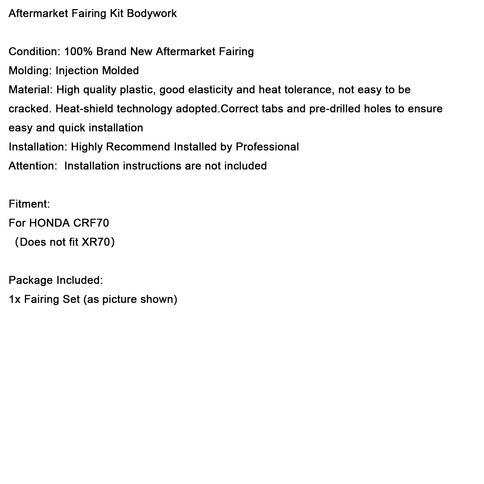 Kit carrosserie plastique et carénage garde-boue pour moto tout-terrain HONDA CRF70