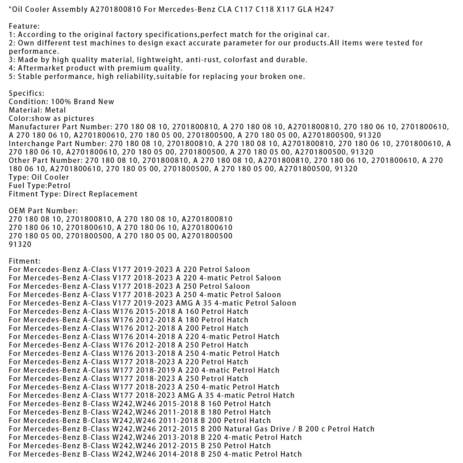 Più fresco d&Olio motore A2701800810 per Mercedes-Benz CLA X118 CLA 250 (2019-2023)