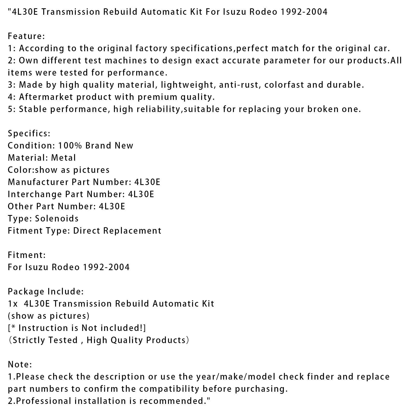 Komplet za popravilo avtomatskega menjalnika 4L30E za Isuzu Rodeo (1992-2004)