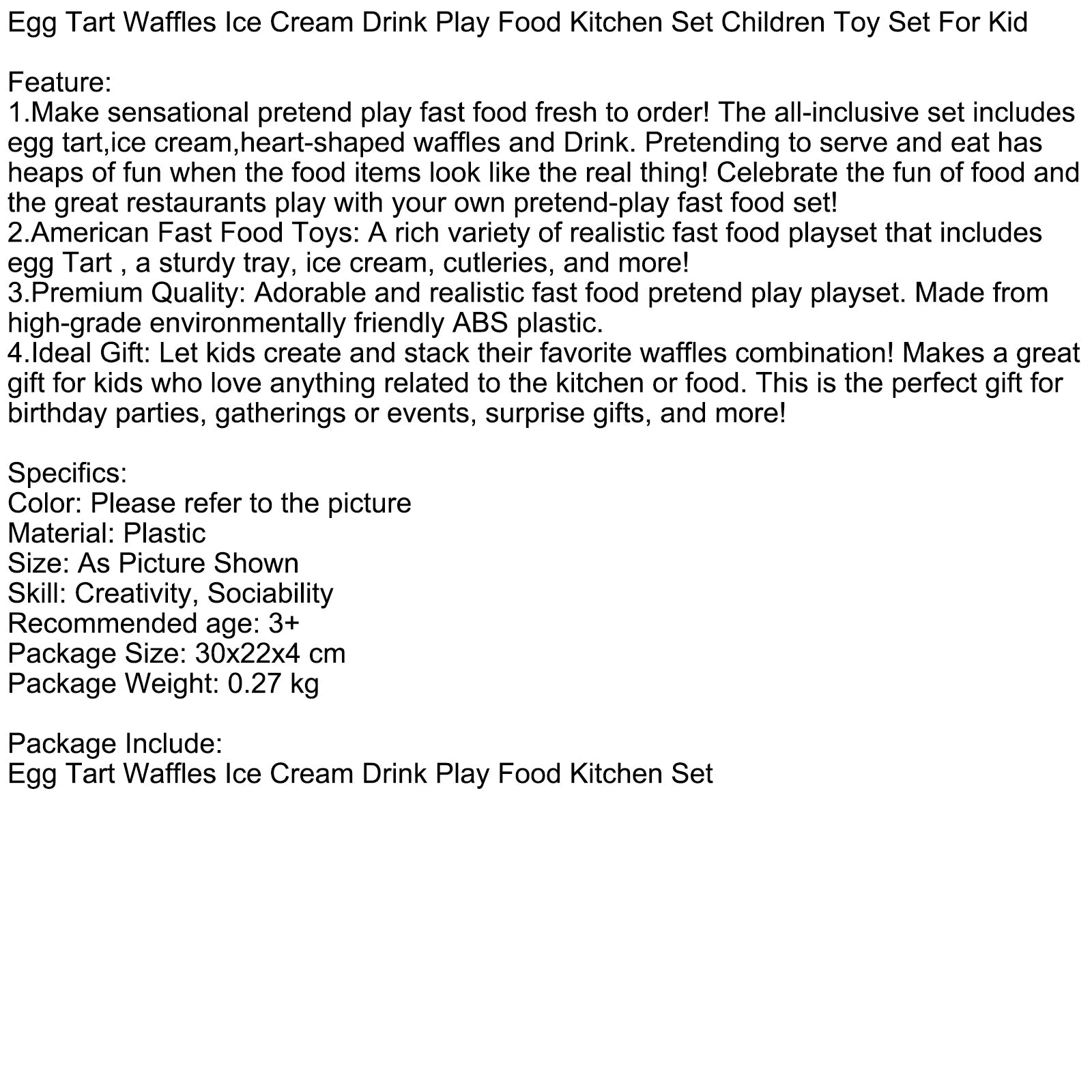 Set di cucina per bambini, torta di uova, waffle, gelato, bevande