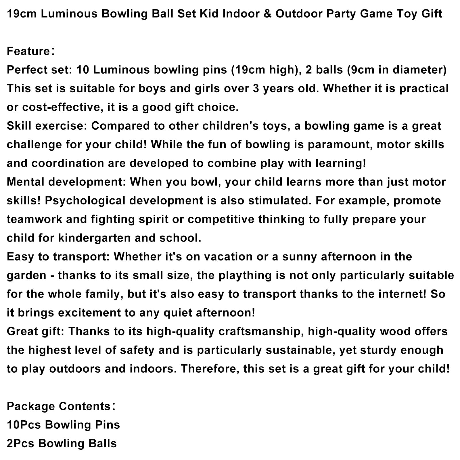 Ensemble de boules de bowling lumineuses de 19 cm pour enfants, jeu de fête d'intérieur et d'extérieur, jouet cadeau