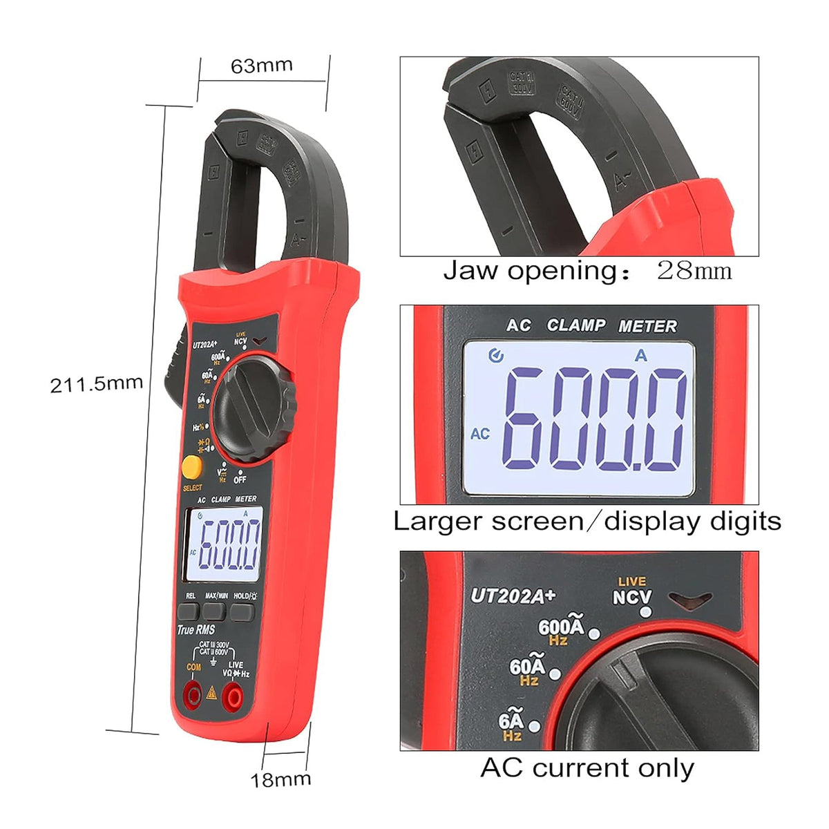 UT202A+ Digitale stroomtang, 6000 tellingen, automatische bereikselectie, True RMS-multimeter, NCV