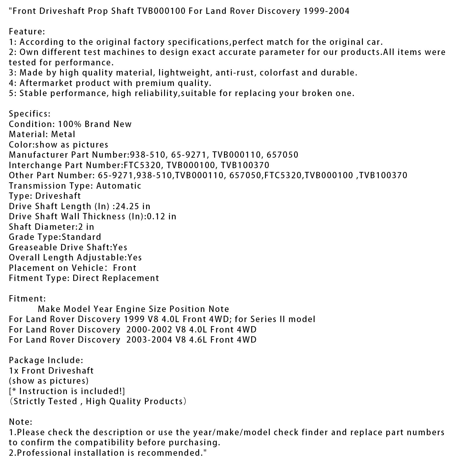 TVB000100 Front Transmission Tree voor Land Rover Discovery 1999-2004