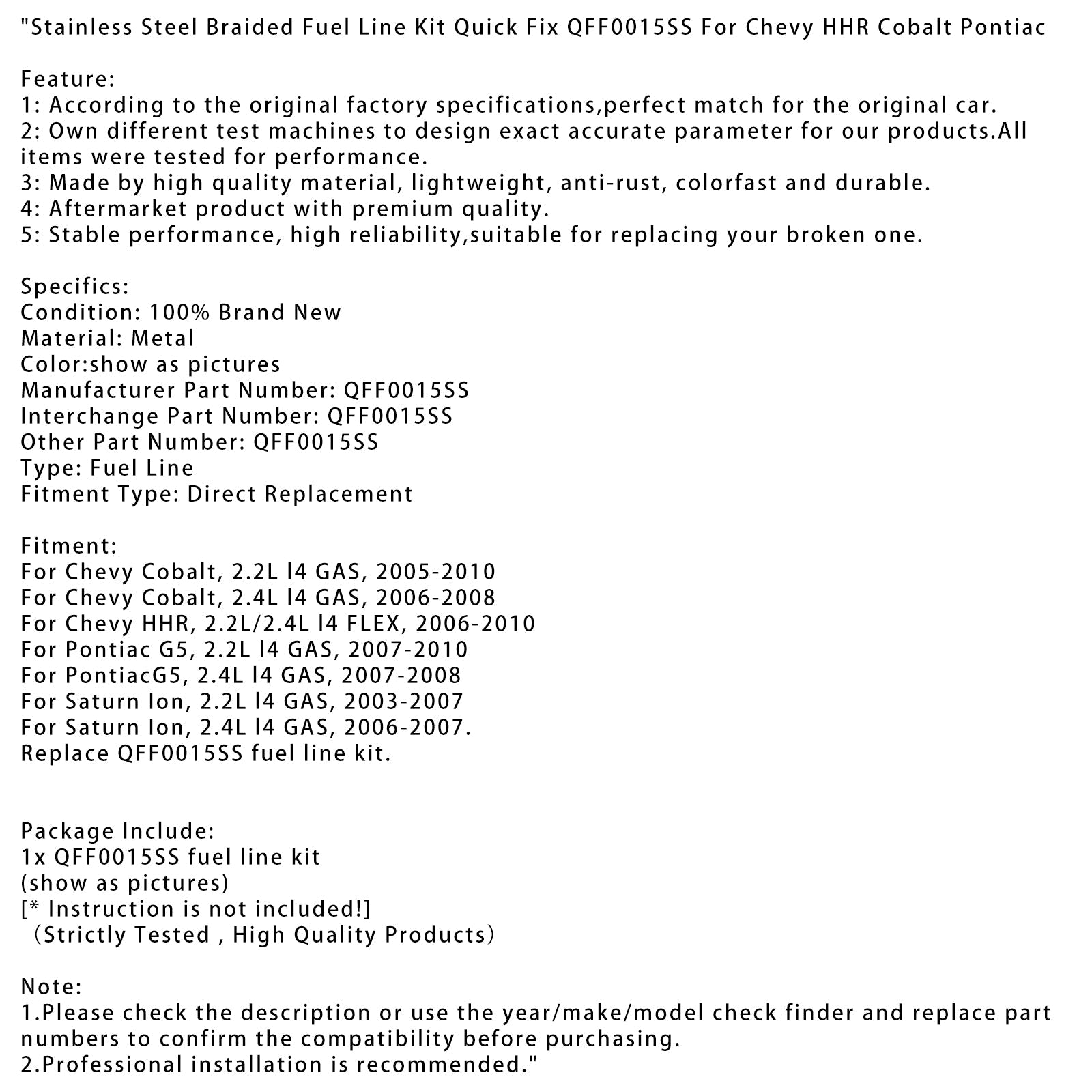 Kit tubo di carburante in acciaio inossidabile per ioni di Saturno 2003-2007, 2,2 L L4 GAS, FIXAZIONE QUAST QFF0015S