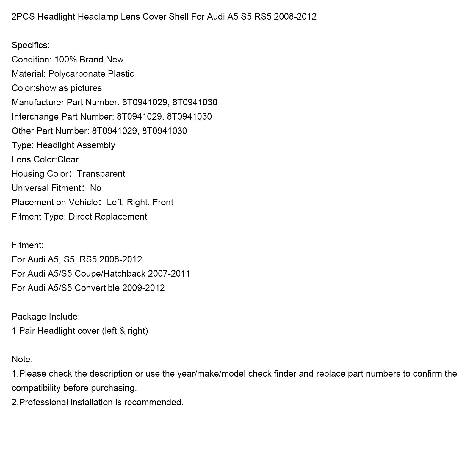 Coque de protection pour phare avant Audi A5 S5 RS5 2008-2012, 2 pièces