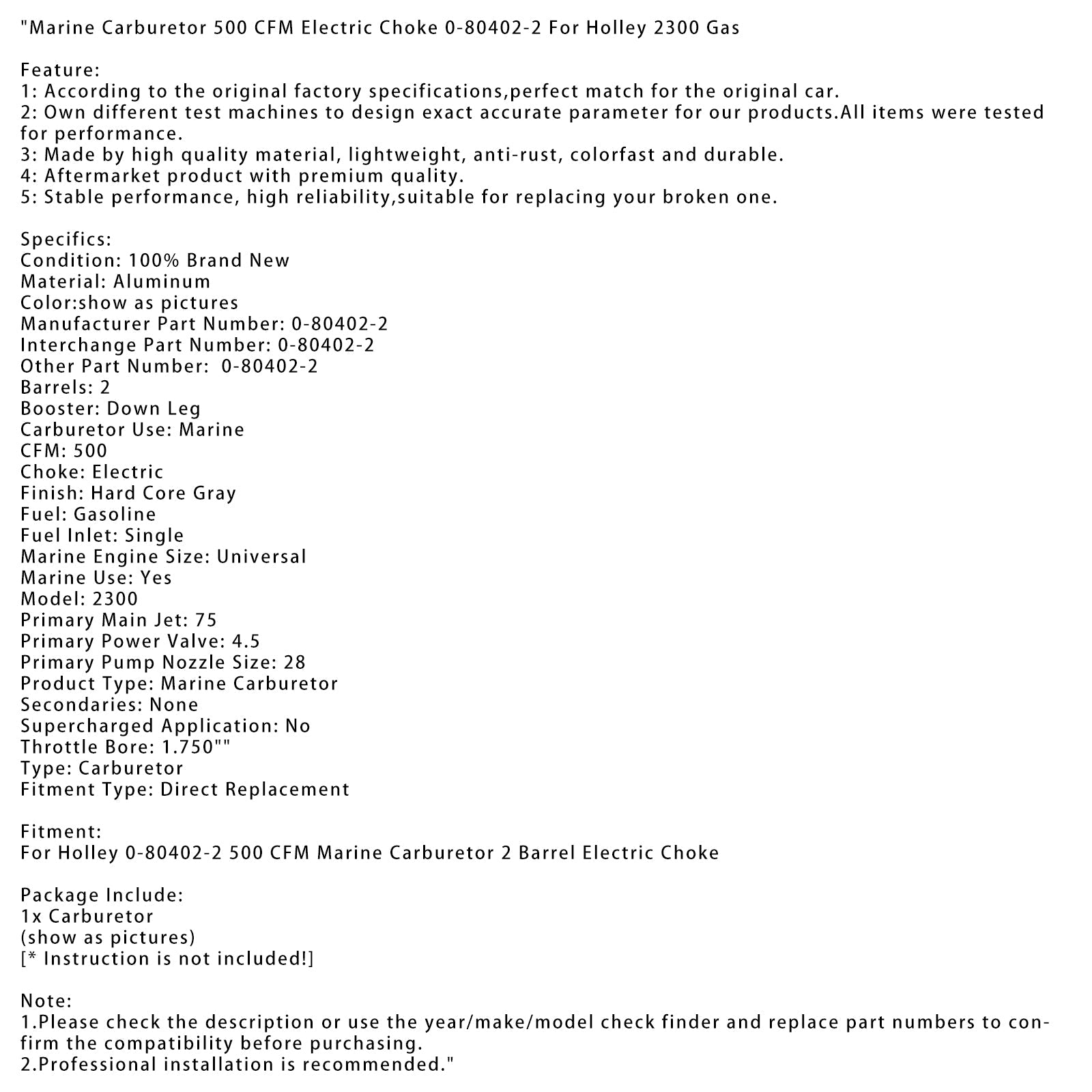 Holley 2,500 500 cfm Caller de combustible de gasolina con arrancador eléctrico 0-80402-2