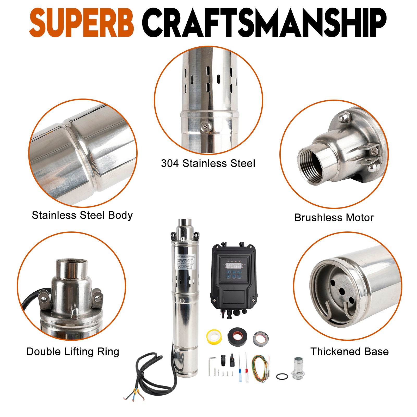 72 V 1,2 kW upotettava aurinkopumppu syvään kaivoon, joka pystyy nostamaan jopa 180 metrin korkeuden