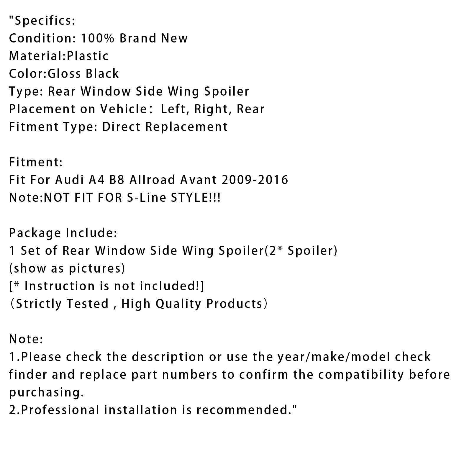 Paire de becquets latéraux de lunette arrière noir brillant pour Audi A4 B8 Avant 2009-2016