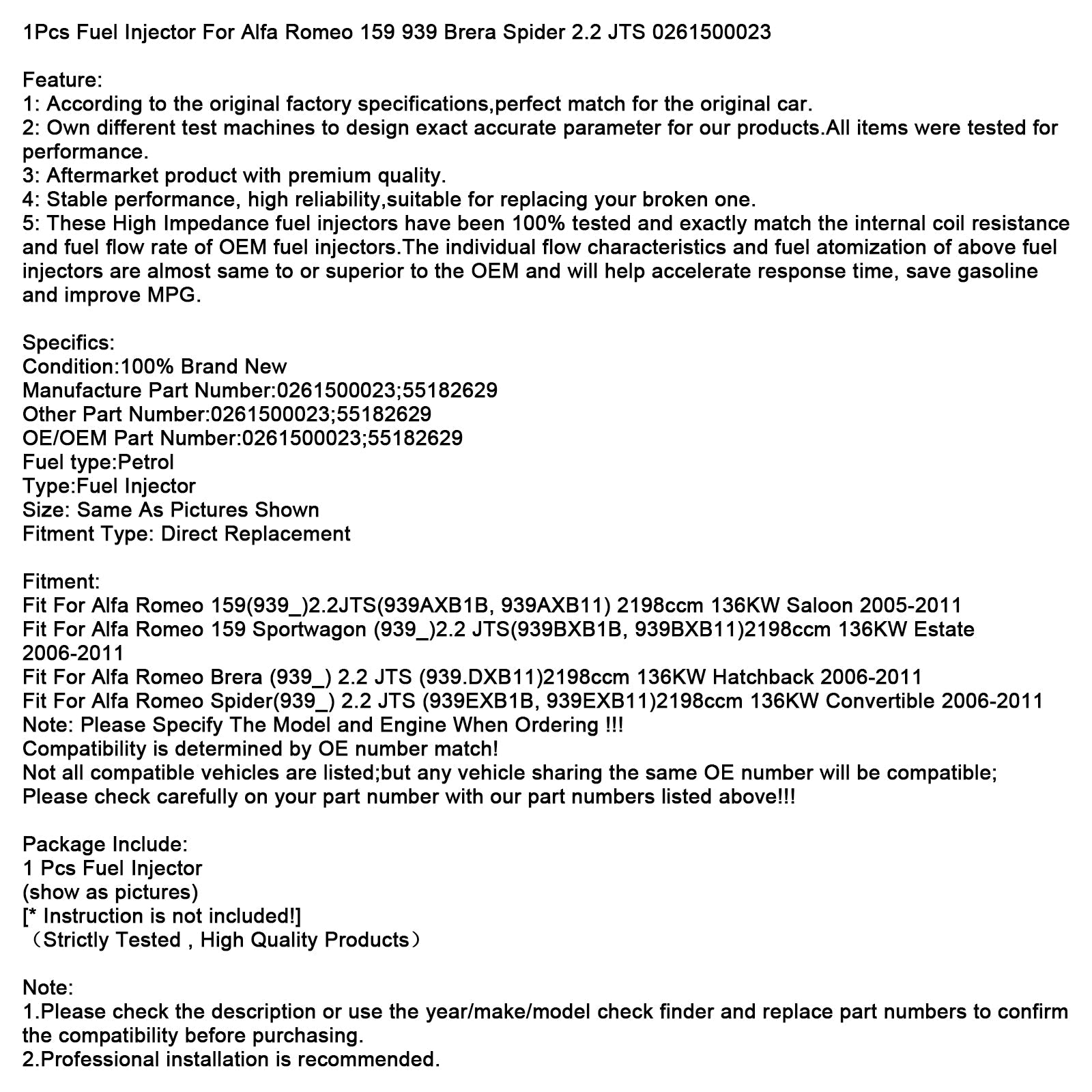 1 injecteur de carburant pour Alfa Romeo 159 939 Brera Spider 2.2 JTS 0261500023