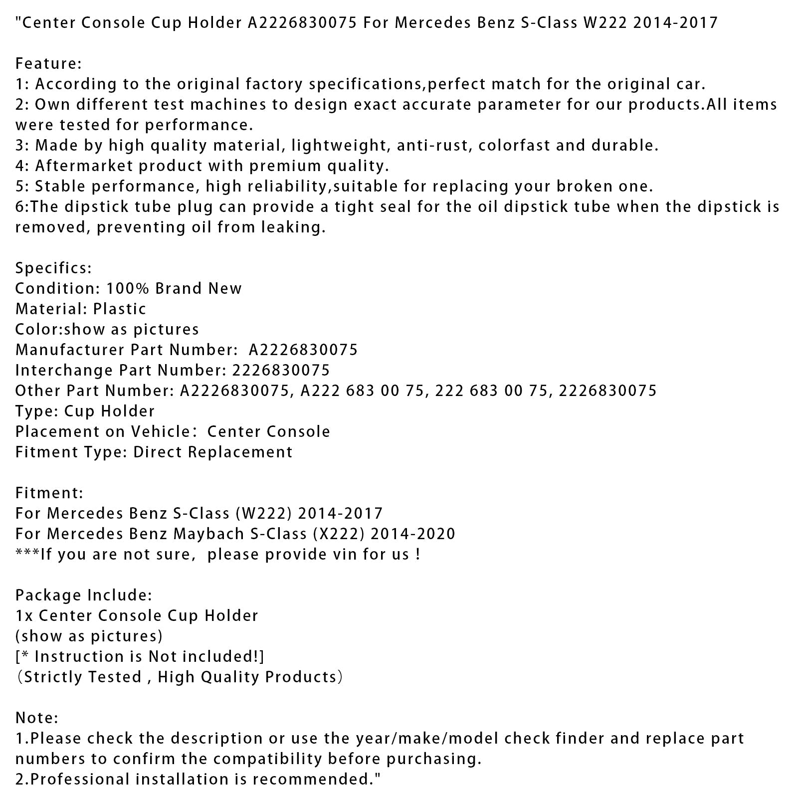 Portabicchieri per console centrale A2226830075 per Mercedes Benz Classe S W222 2014-2017