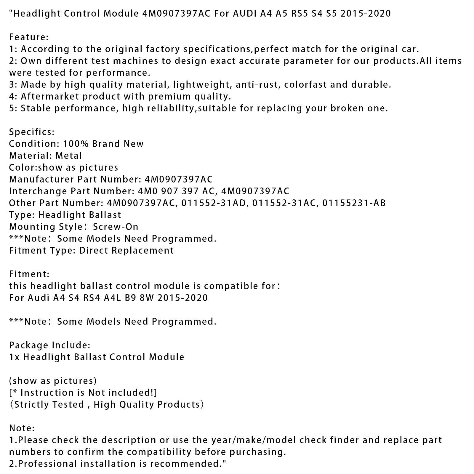 Ajovalojen ohjainlaite 4M0907397AC mallille AUDI A4 A5 RS5 S4 S5 (2015-2020)