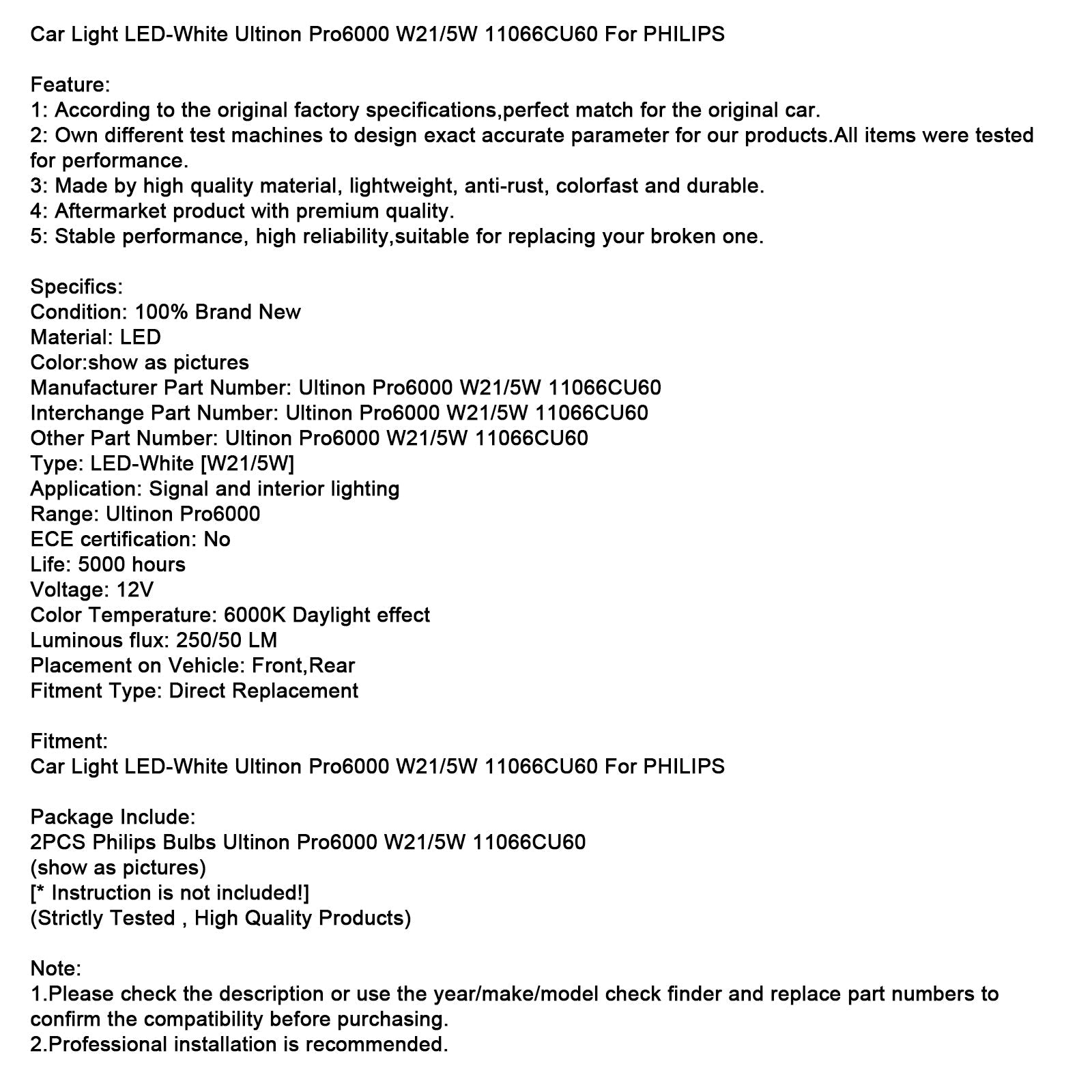 Phare LED blanc Ultinon Pro6000 W21/5W 11066CU60 pour voiture Philips