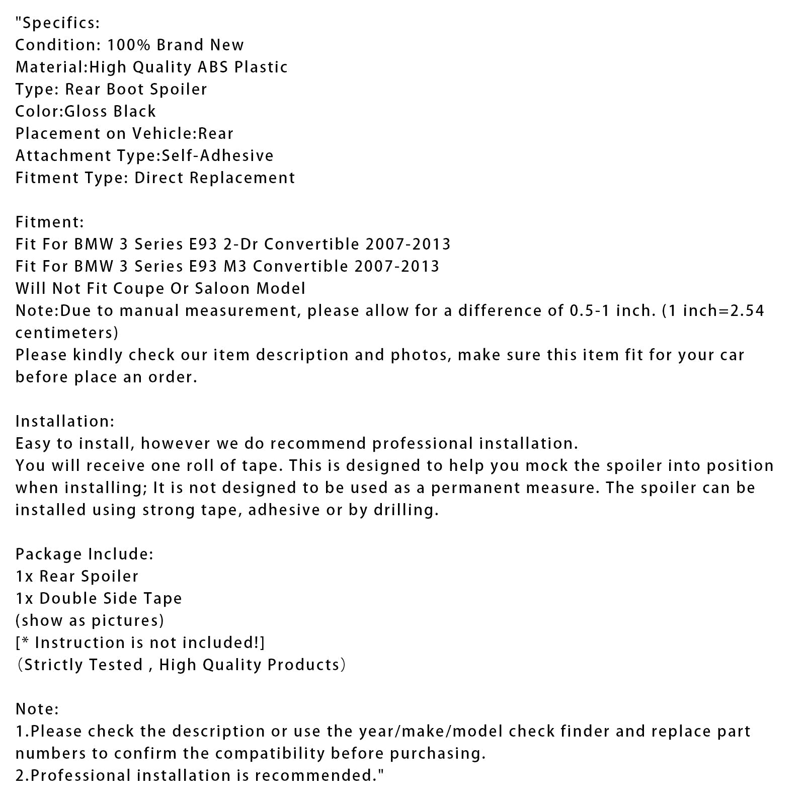 Spoiler posteriore per baule nero lucido per BMW Serie 3 E93 Cabrio 2 porte (2007-2013)